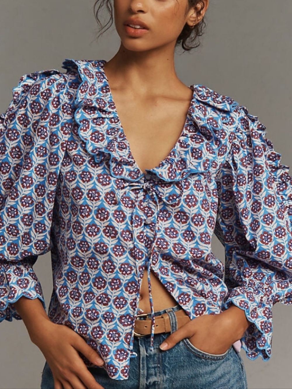 Maeve Blue and White Printed Ruffle Tie-Front Blouse
